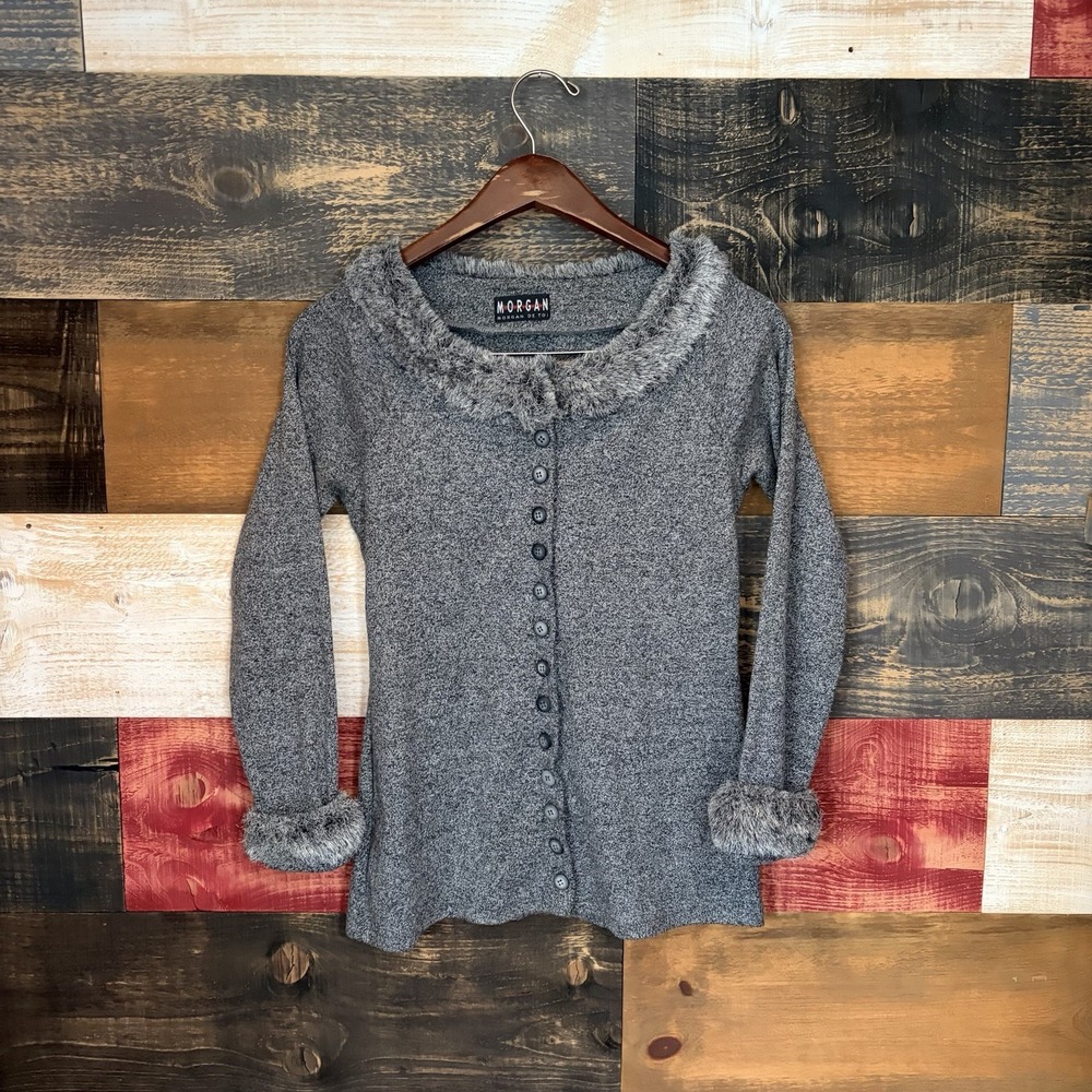 Morgan De Toi Vintage Cardigan Babydoll Top Y2K Fur Collar Grey France Small